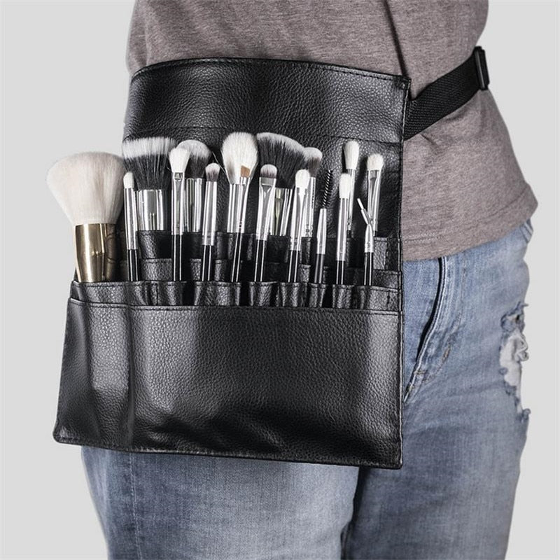 Multi-function Large Capacity Black PU Cosmetic Bag Waist Bag Makeup Brush Bag With Belt For Professional Makeup Artist 20#702